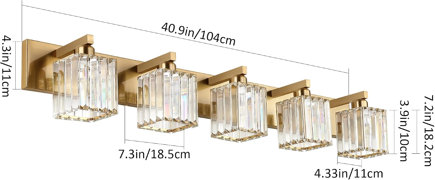 Aipsun Bathroom Vanity Lights Fixtures Crystal Vanity Light 5 Light Modern Brass Bathroom Lighting Fixtures (Exclude Bulb)