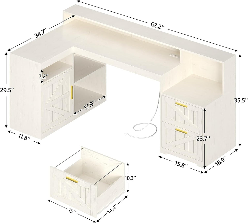 TVU Farmhouse L Shaped Desk with Drawers, 62.2' Home Office Desk with Storage Shelves and Power Outlet, L Shaped Computer Desk with Monitor Stand and Printer Shelf, White
