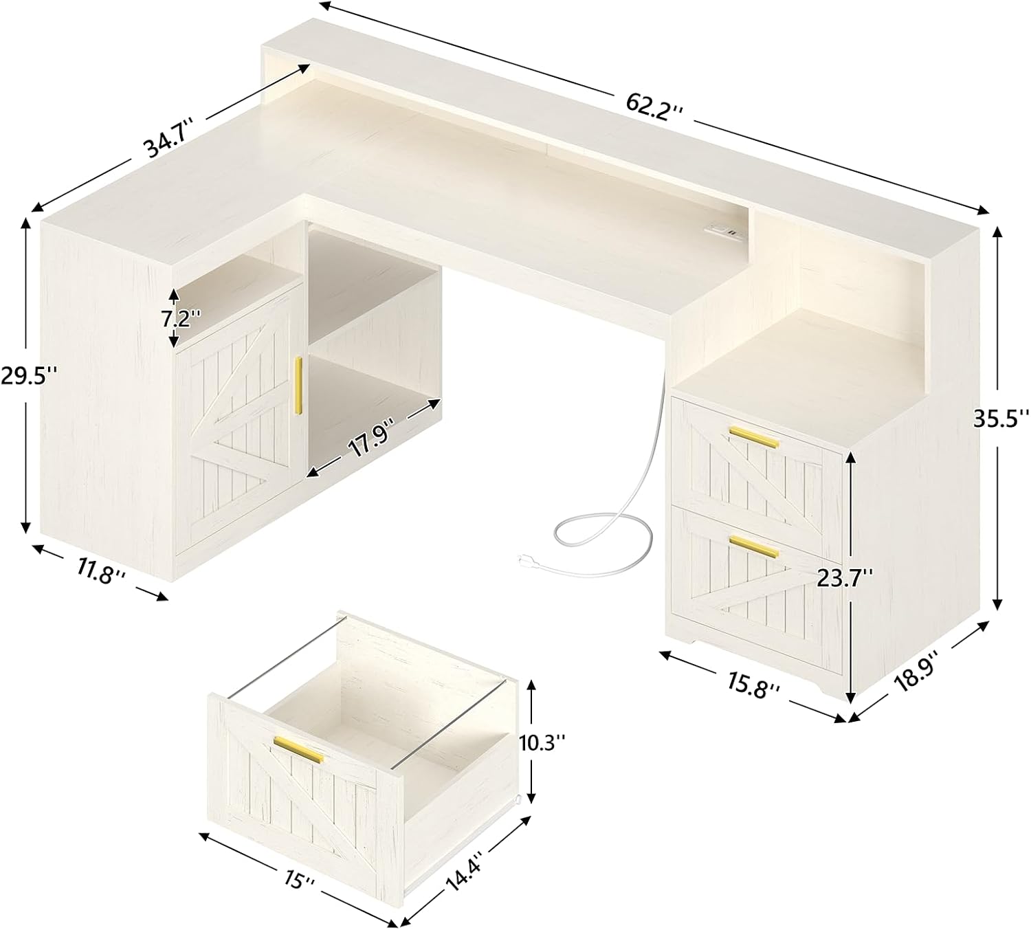 TVU Farmhouse L Shaped Desk with Drawers, 62.2' Home Office Desk with Storage Shelves and Power Outlet, L Shaped Computer Desk with Monitor Stand and Printer Shelf, White