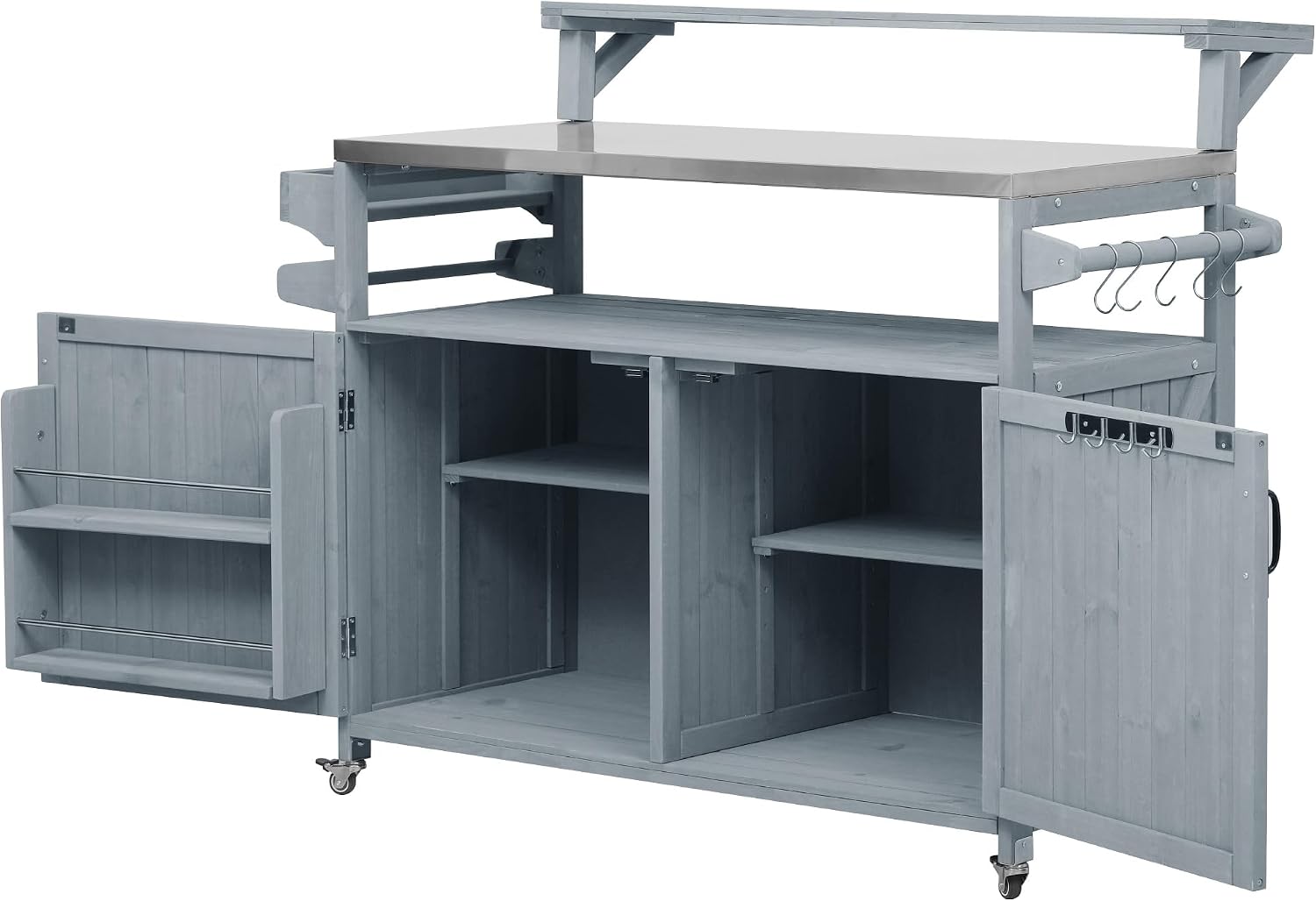 Merax 53.3' Outdoor Kitchen Island with Raised Shelf, Solid Wood Storage Cabinet with Stainless Steel Top, Rolling Grill Cart, Adjustable Shelf, Grey Blue