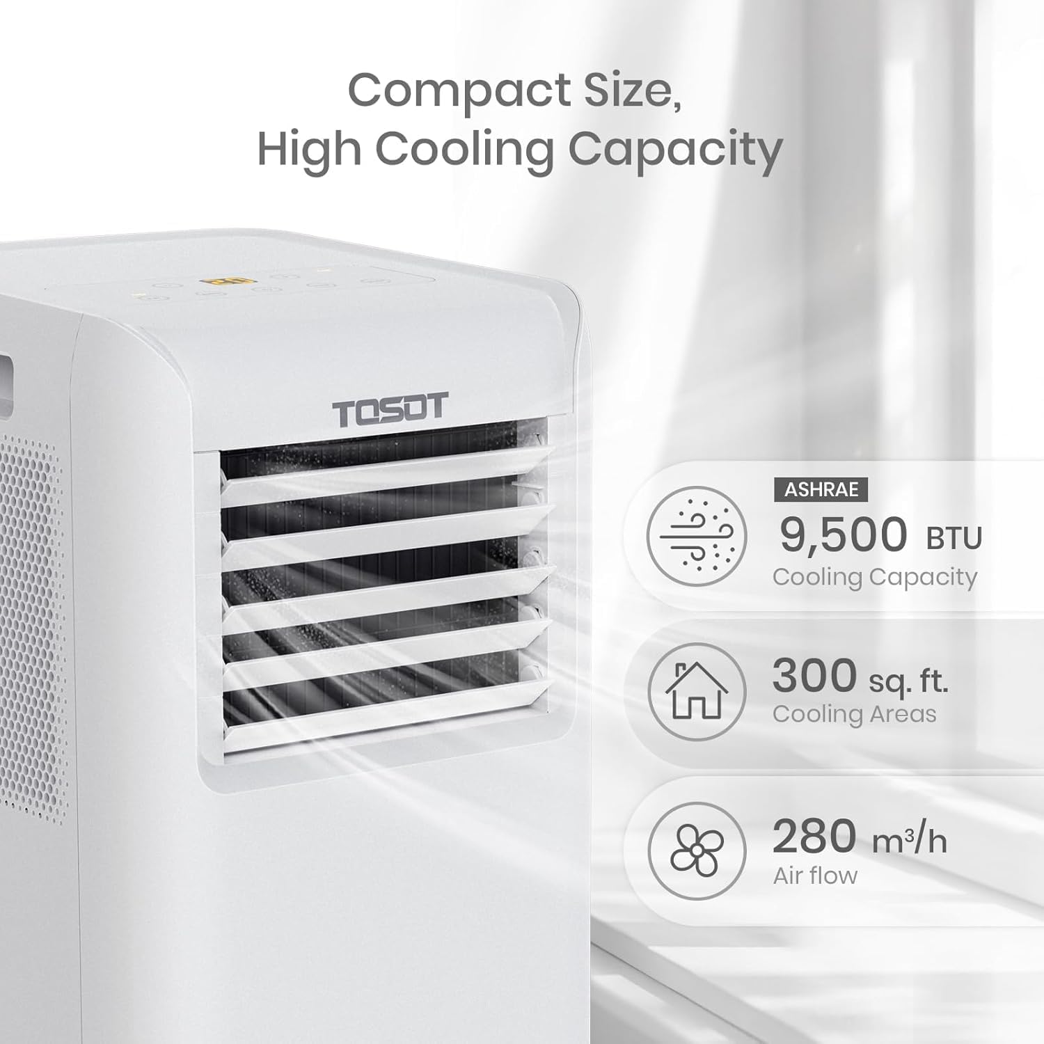 TOSOT 9,500 BTU Air Conditioner Easier to Install, Quiet and 3-in-1 Portable AC, Dehumidifier, Fan for Rooms Up to 300 sq ft, Aovia Series, White
