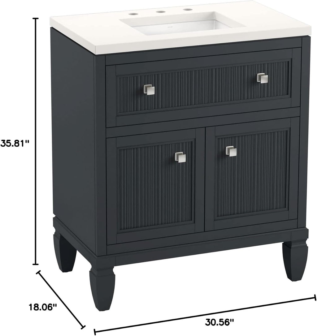 Kohler Hearthaven 30 Inch Bathroom Vanity Cabinet with White Single Sink and Quartz Top, Modern Bathroom Vanity, Slate Gray, K-33536-ASB-1WX