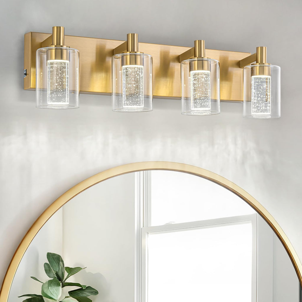 SineRise Vanity Light with 3 Color Modes (3000K/4000K/6000K), Eye Protection LED Bathroom Light Fixture, Dimmable Modern Wall Light Over Mirror with Clear Glass Shade (Gold, 4-Light)