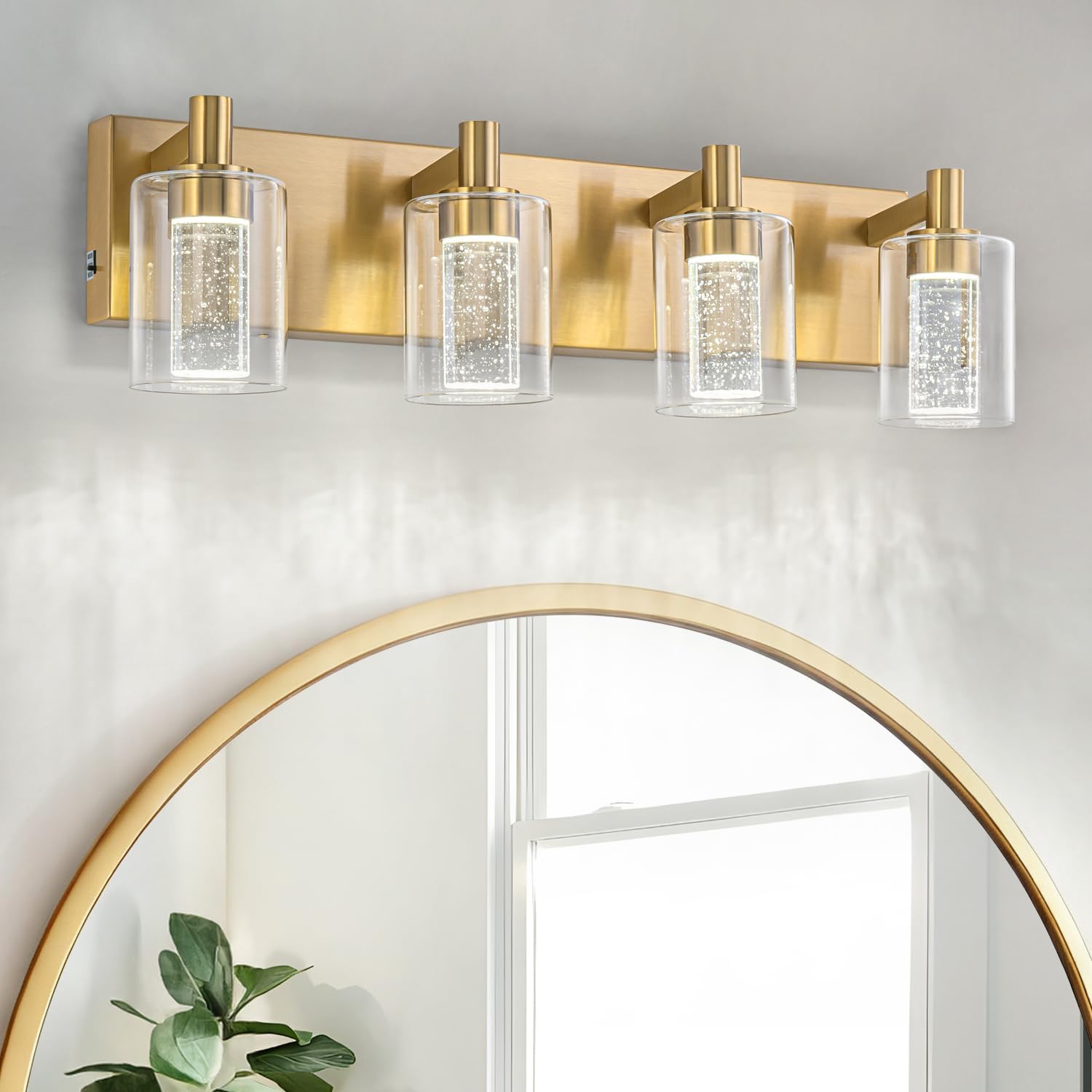 SineRise Vanity Light with 3 Color Modes (3000K/4000K/6000K), Eye Protection LED Bathroom Light Fixture, Dimmable Modern Wall Light Over Mirror with Clear Glass Shade (Gold, 4-Light)