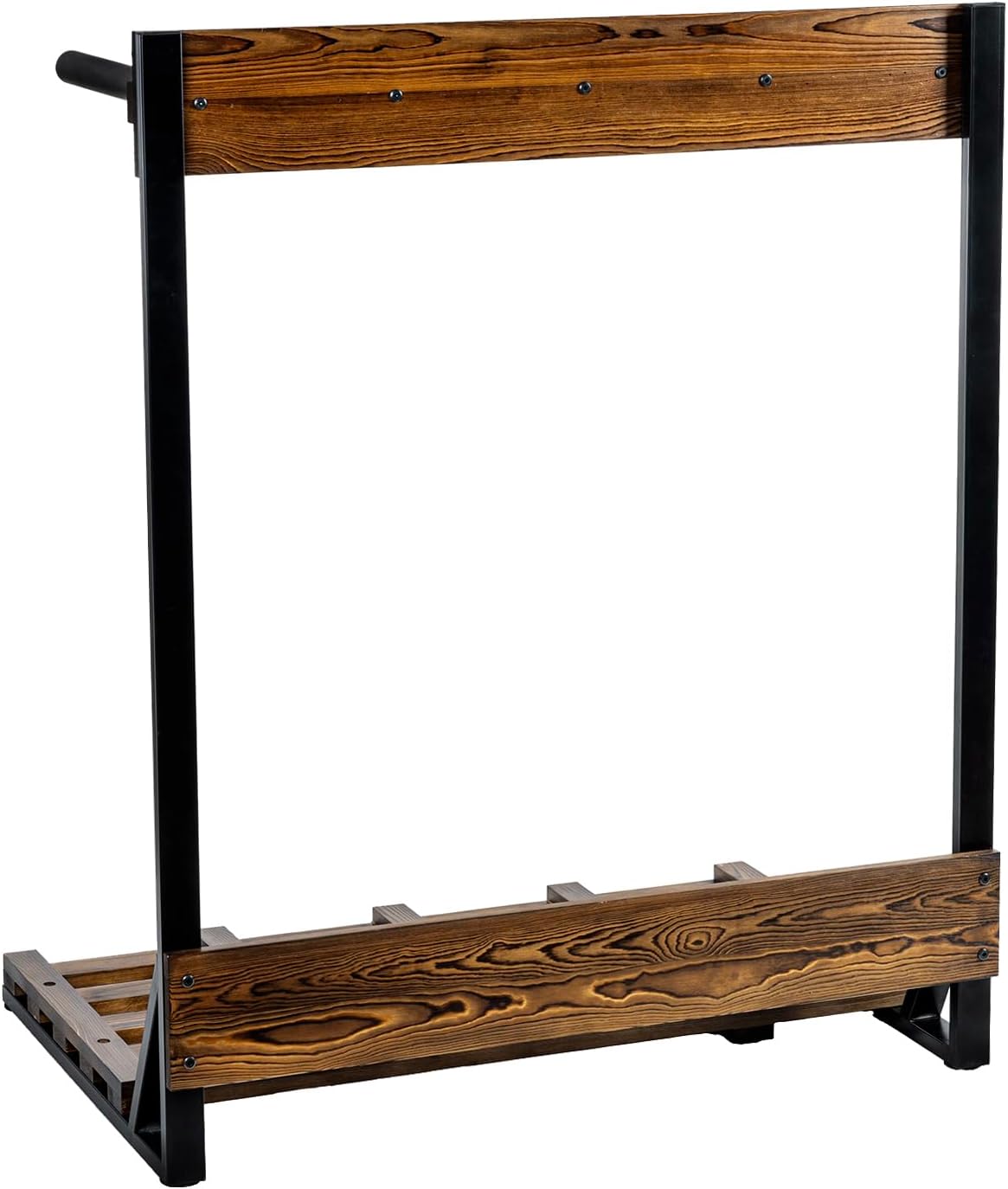 MyGift Freestanding Vertical Surfboard Storage Rack, Beach House Style Burnt Wood and Black Metal Wakeboard SUP Paddleboard Storage Stand - Holds up to 4 Boards
