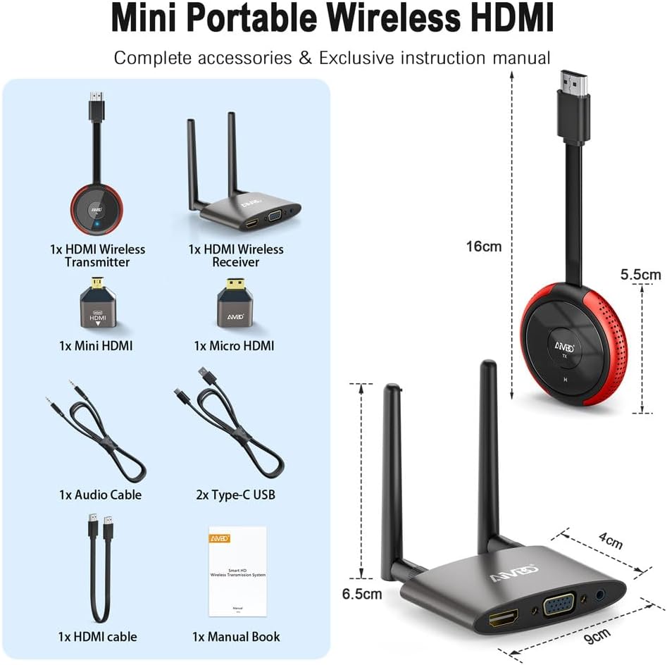 TIMBOOTECH Wireless HDMI Transmitter Receiver 4K- 5.8G Multiple Extender Transmission Stable Video & Movie, Plug & Play, Support HDMI & VGA Dual Screens, Wireless Laptop to TV 165FT/50M