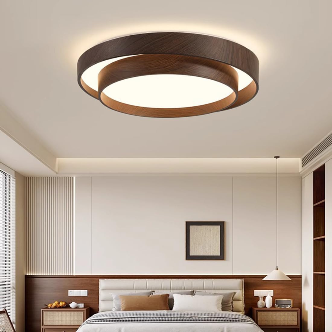 Bedroom Ceiling Light Contemporary LED Close to Ceiling Light Fixtures 19.7 Inch Wood Grain Decaration 2-Layer 3000K 48W LED Flush Mount Light for Hallway Living Room Kitchen