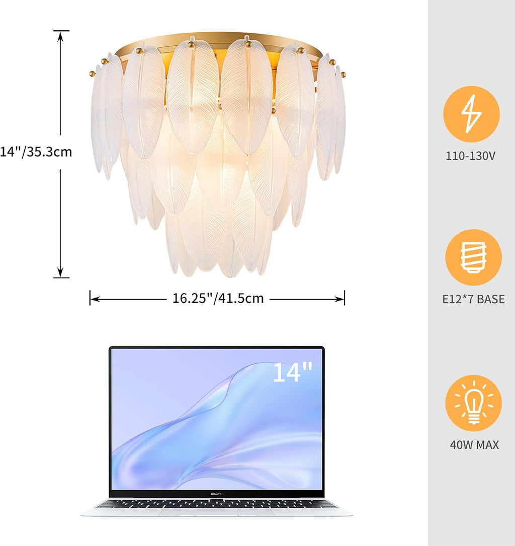 LumFurn D16in Modern Glass Chandeliers, 7-Light Elegant Design Flushmount Ceiling Light Fixture for Dining Room, Living Room & Bedroom, D16xH14inch, Frosted Glass Feather Shade & Gold Finish Frame