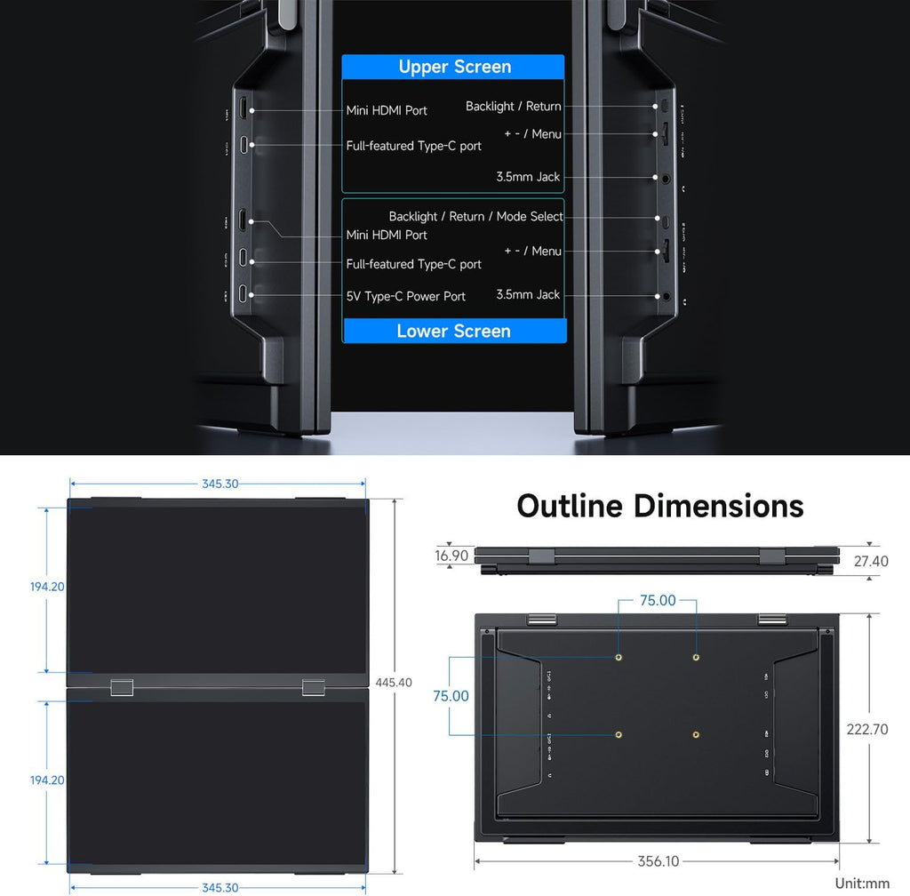 Waveshare 15.6inch Dual-Screen Stacked Portable Monitor Dual-1080p Foldable Extender Screen 100%SRGB 178° Viewing Angle With Gravity Sensor Hi-Fi Speaker Support Multi Display Modes for Windows/MacOS