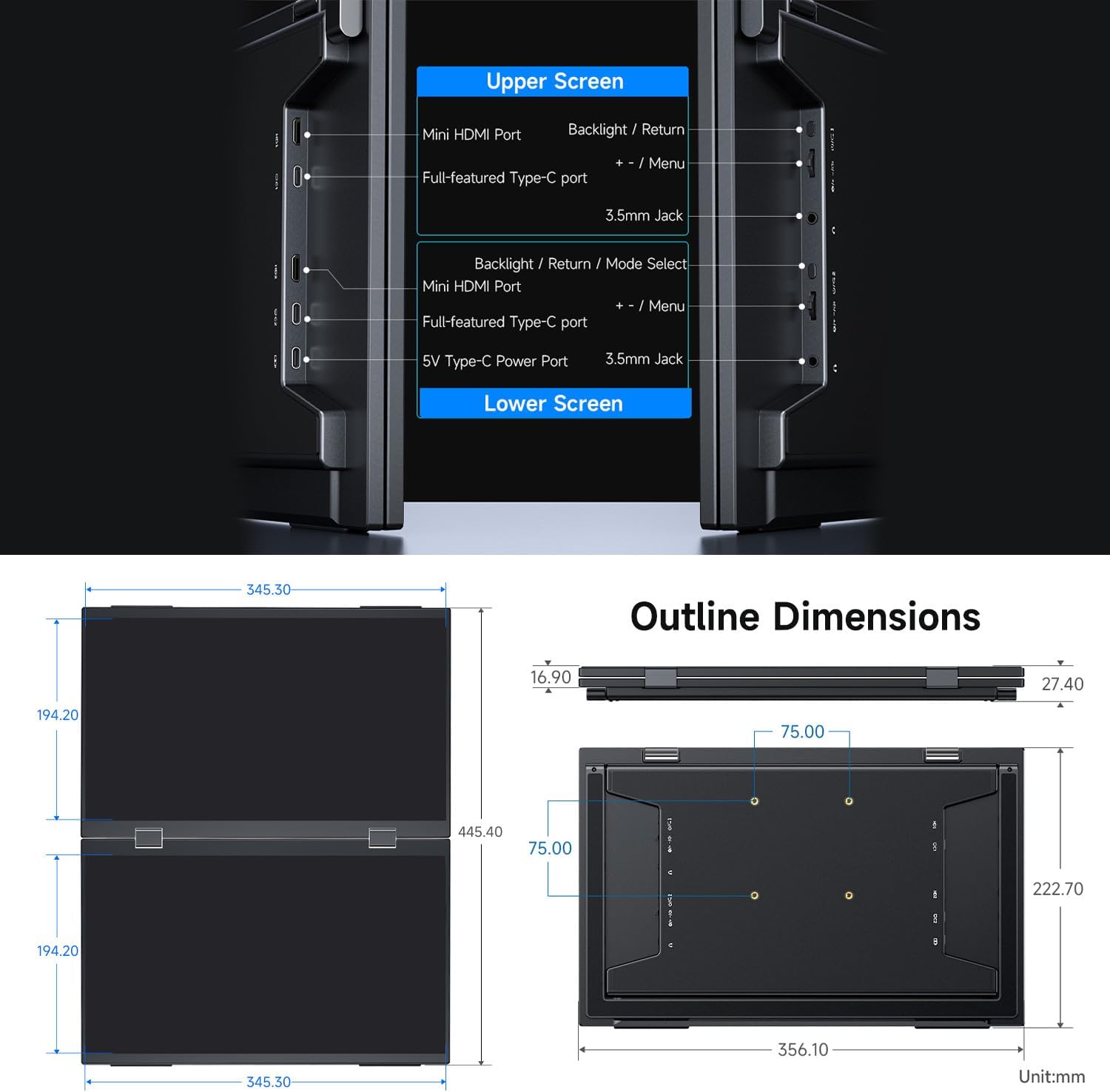 Waveshare 15.6inch Dual-Screen Stacked Portable Monitor Dual-1080p Foldable Extender Screen 100%SRGB 178° Viewing Angle With Gravity Sensor Hi-Fi Speaker Support Multi Display Modes for Windows/MacOS