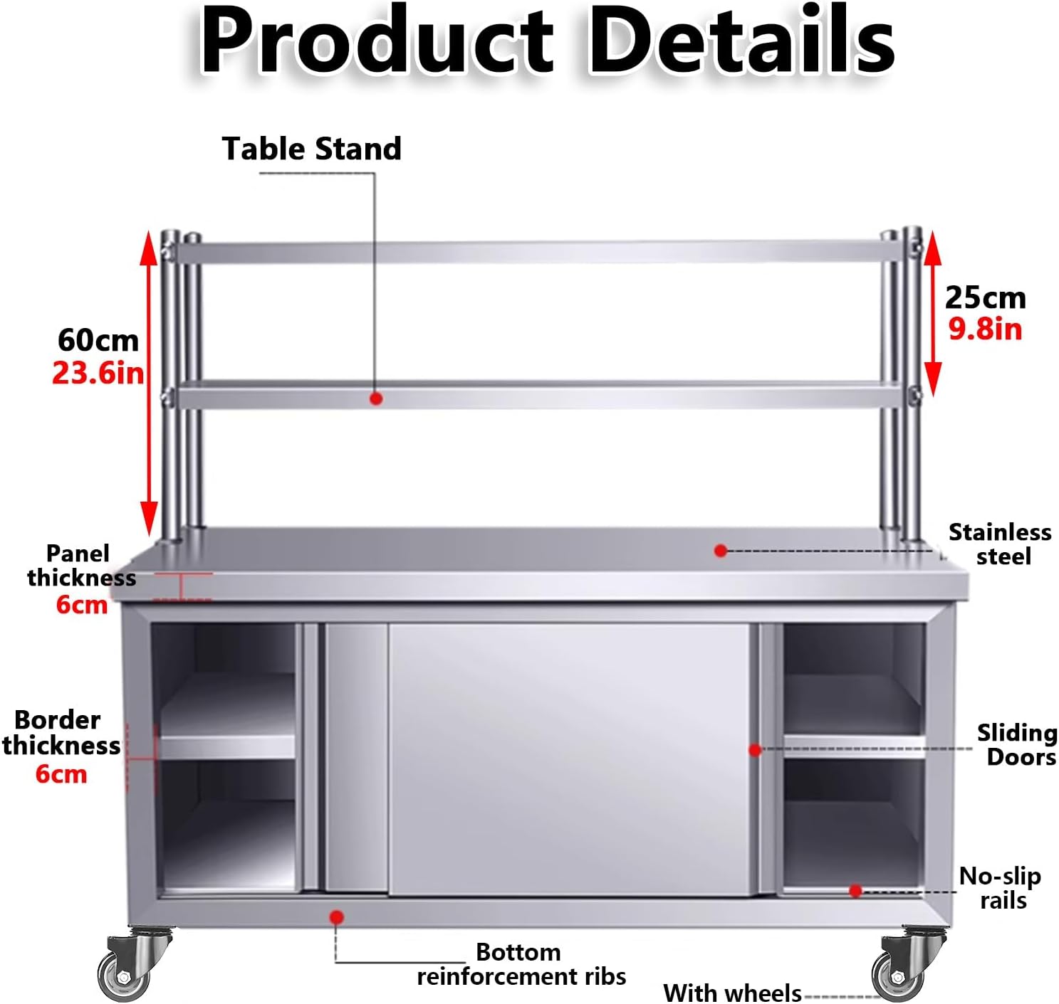 Stainless Steel Work Table Cabinet with 2 Sliding Doors, Commercial Kitchen Prep Table, Heavy Duty Workbench Large Space Storage Cabinet Chopping Metal Table, for Restaurant Home and Hotel(80