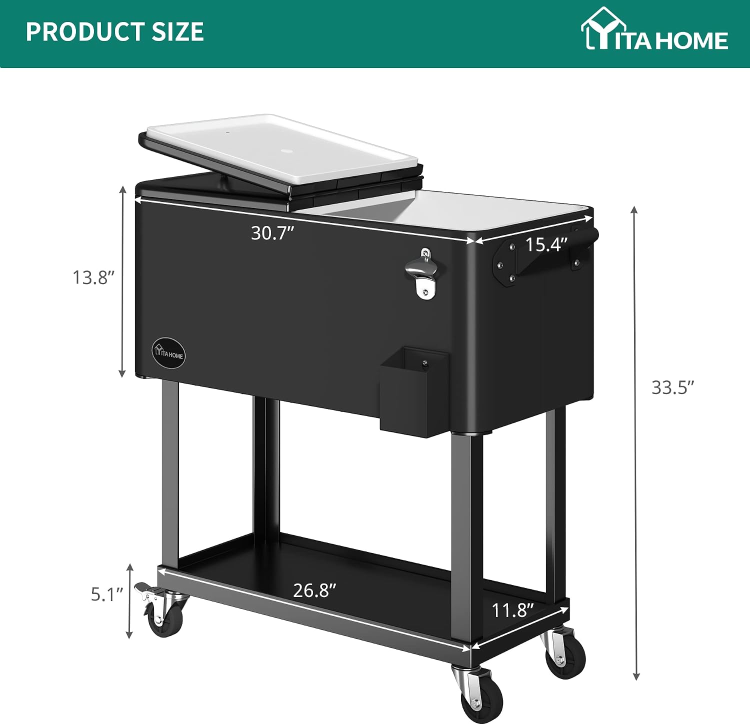 YITAHOME 80 Quart Rolling Cooler Cart with Bottle Opener Drainage, Portable Patio Cooler Rolling on Wheels, Outdoor Rolling Beverage Cart Drink Cooler for Patio Pool Deck Party BBQ Cookouts (Silver)
