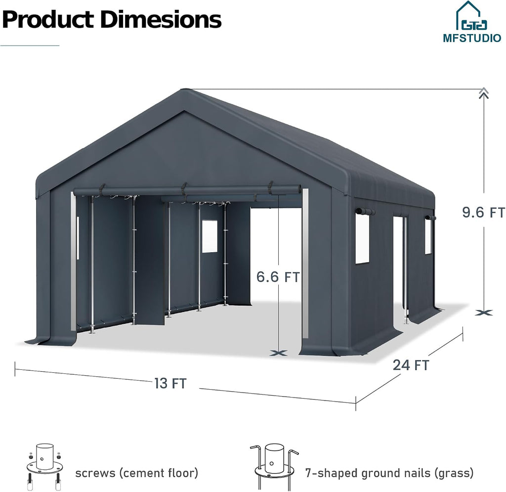 MFSTUDIO Portable Carport Garage,13x24 Car Tent Garage Heavy Duty Shed Carports Storage Tents with Rolled up Zipper Doors, Extra Large Car Canopy Tent with Roll-up Sidewalls for Boat,Truck,Tools