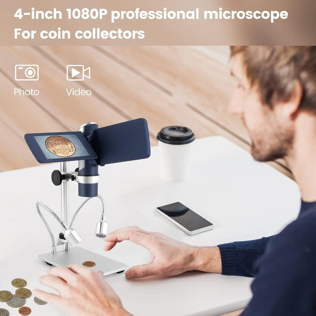 Andonstar AD203S HDMI Digital Microscope for Error Coins with Metal Stand, Handheld Portable USB Microscope Kit for Kids&Adults, 4' LCD Screen, Photo/Video Capture, Windows/Mac PC Compatible(Navy)