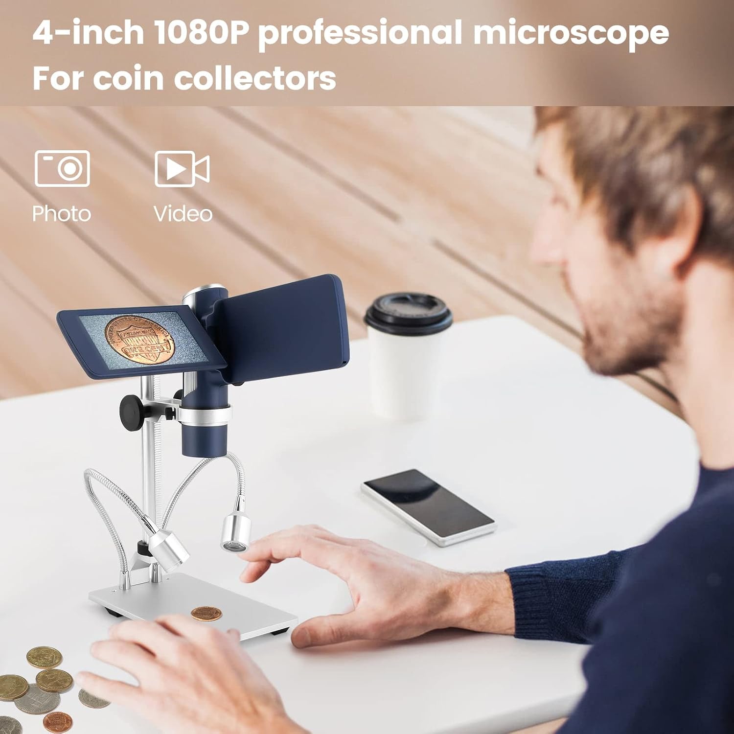 Andonstar AD203S HDMI Digital Microscope for Error Coins with Metal Stand, Handheld Portable USB Microscope Kit for Kids&Adults, 4' LCD Screen, Photo/Video Capture, Windows/Mac PC Compatible(Navy)