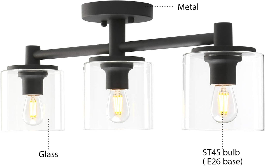 Pathson 3-Light Semi Flush Mount Ceiling Light, Industrial Pendant Lighting Fixture with Glass Shade, Ceiling Chandelier Lamp for Hallway Loft Kitchen Bar