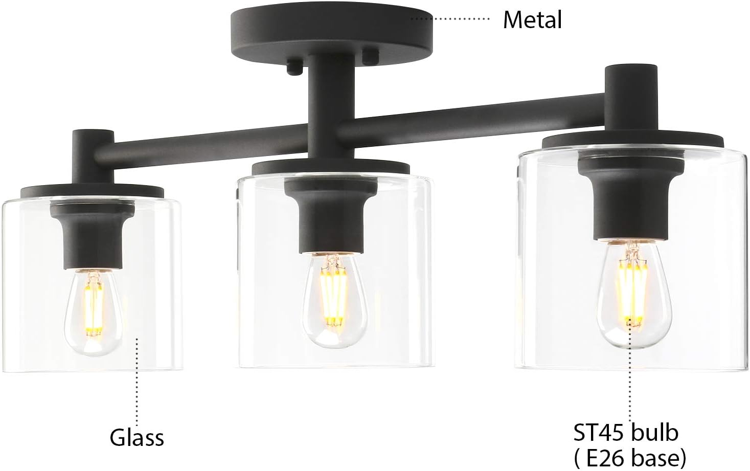Pathson 3-Light Semi Flush Mount Ceiling Light, Industrial Pendant Lighting Fixture with Glass Shade, Ceiling Chandelier Lamp for Hallway Loft Kitchen Bar