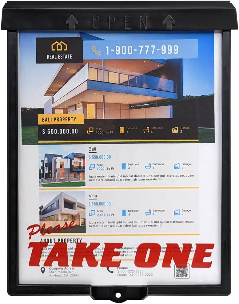 Mediz Outdoor Real Estate Brochure Box with Snap Shut Lid, Take One Document Holder Can Hold 100, 8.5 x 11 Documents, Flyers, Literature and Other Outdoor Marketing Needs