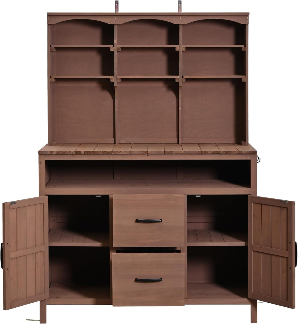 45.3''L Large Fir Wood Potting Bench, Counter Height Outdoor Patio Kitchen Island with Large Countertop, Hutch, Cabinets, Drawers & Hooks, Adjustable Shelf, Wavy Decoration Roof (Brown/103)