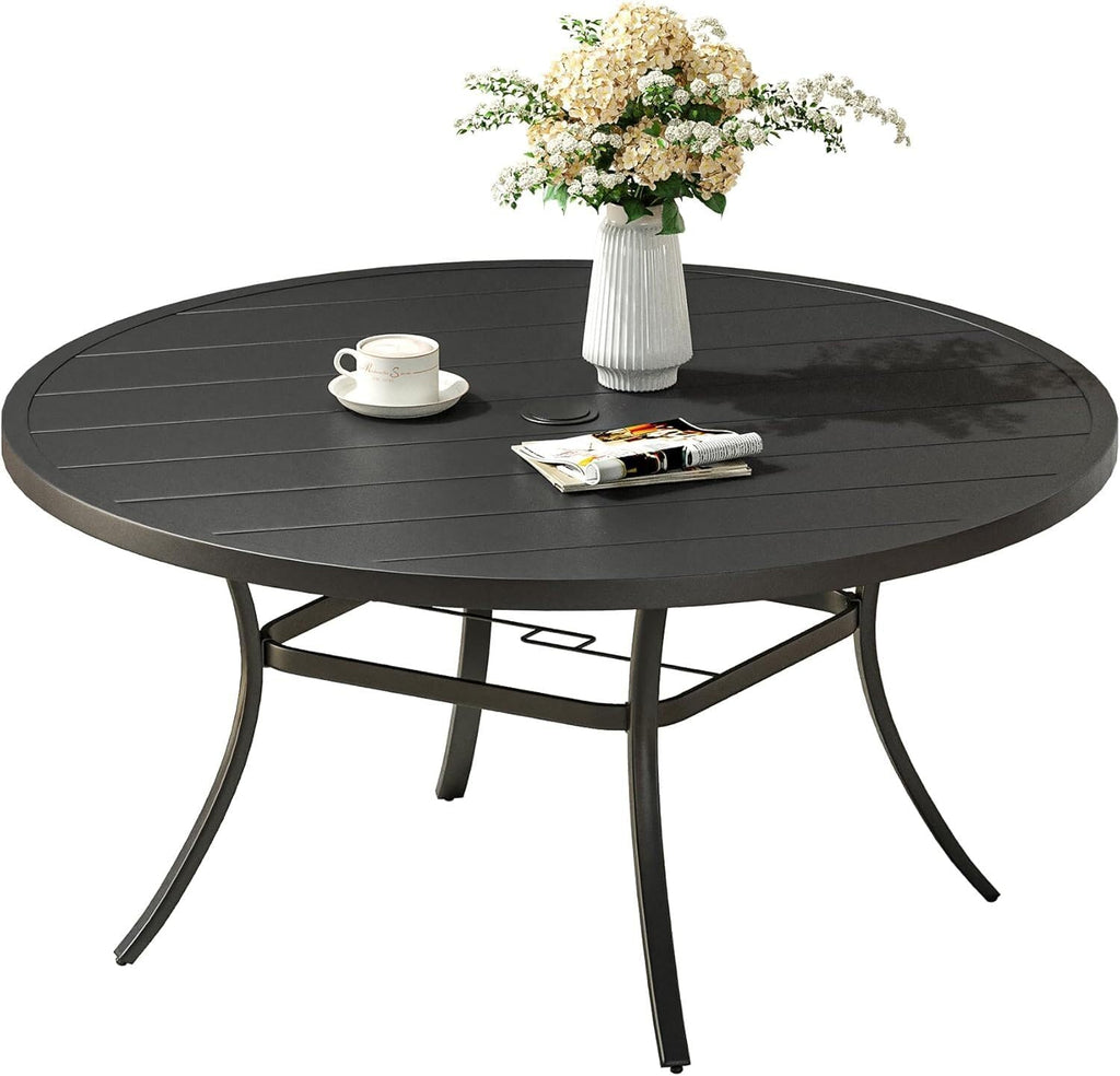 VICLLAX 53' Round Patio Dining Table for 6-8, Metal Outdoor Dining Table with Umbrella Hole for Garden, Patio, Balcony, Black