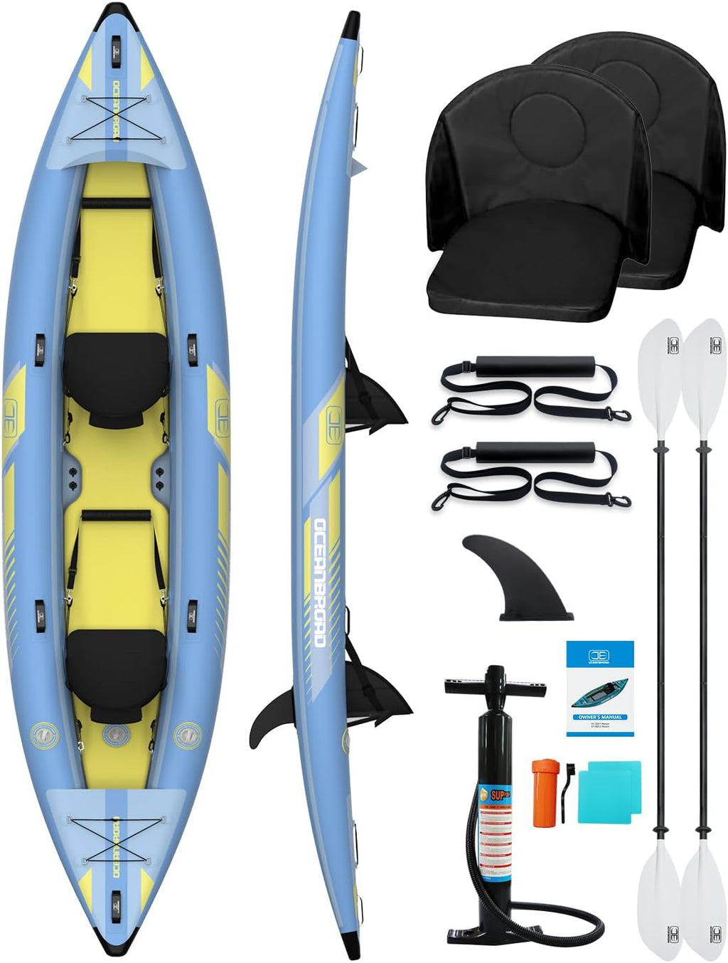 OCEANBROAD Inflatable Sit-in Kayak(NO HIN), 1 Person/2 Person Blow Up Kayak for Adults with Paddle, Kayak Seat, Pedal, Hand Pump and Bag, Blue/Sky Blue