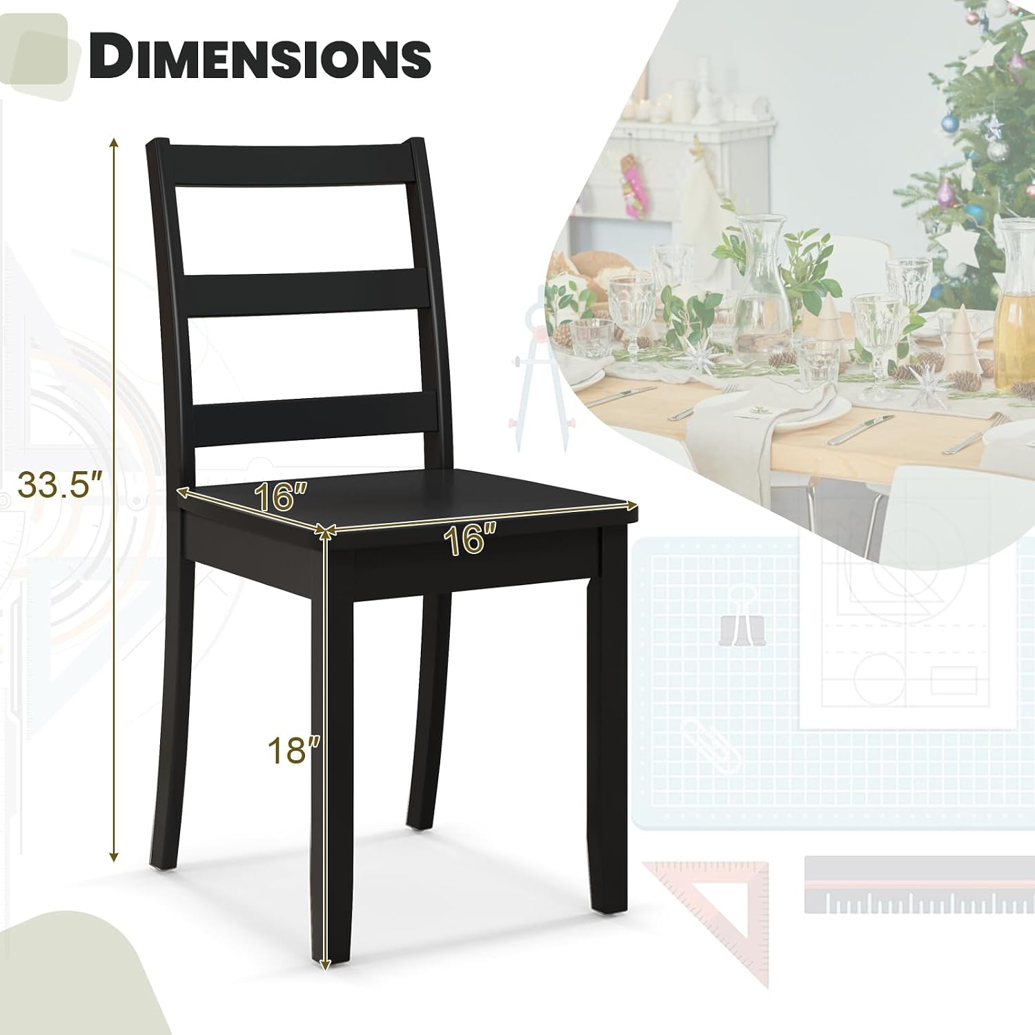 NAFORT Wood Dining Chairs Set of 2 Black, Armless Kitchen Chairs with Solid Rubber Wood Legs, Non-Slip Foot Pads, Max Load 400 Lbs, Farmhouse Seat High Ladder Back Dining Room Chairs
