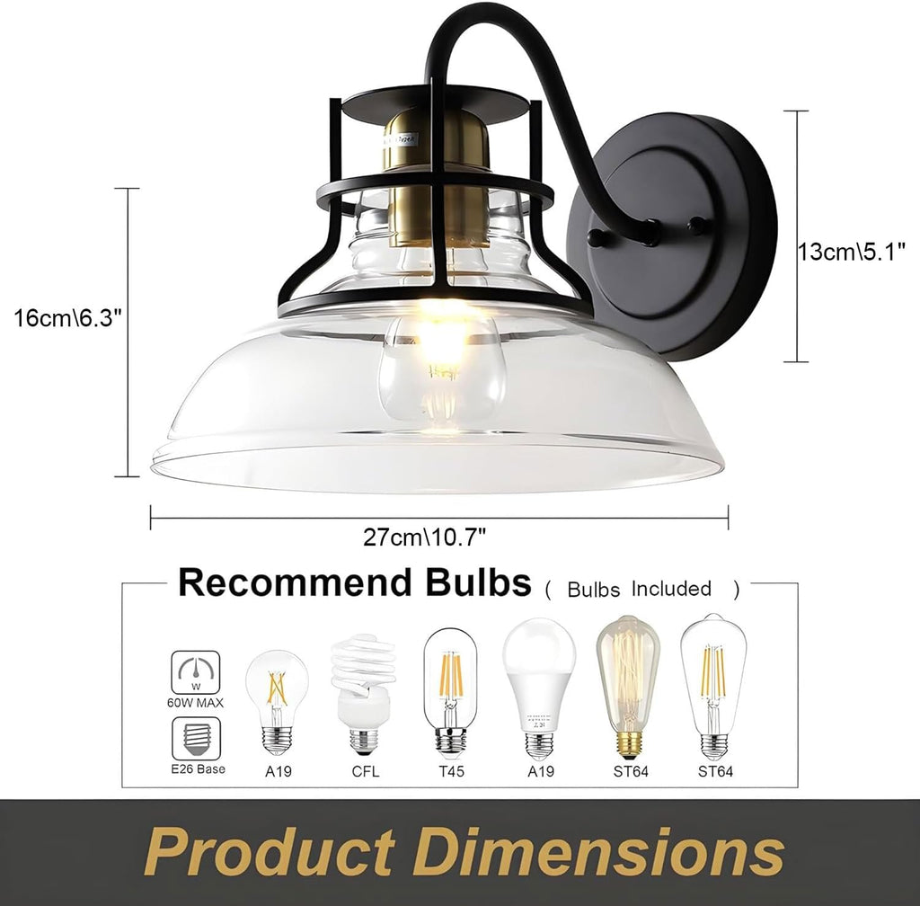 Farmhouse Wall Sconces,Gooseneck Barn Light,Gold and Black Wall Sconce,Vintage Wall Lamp with Clear Glass Shade,for Bathroom Porch Kitchen Living Room (1 Pack)