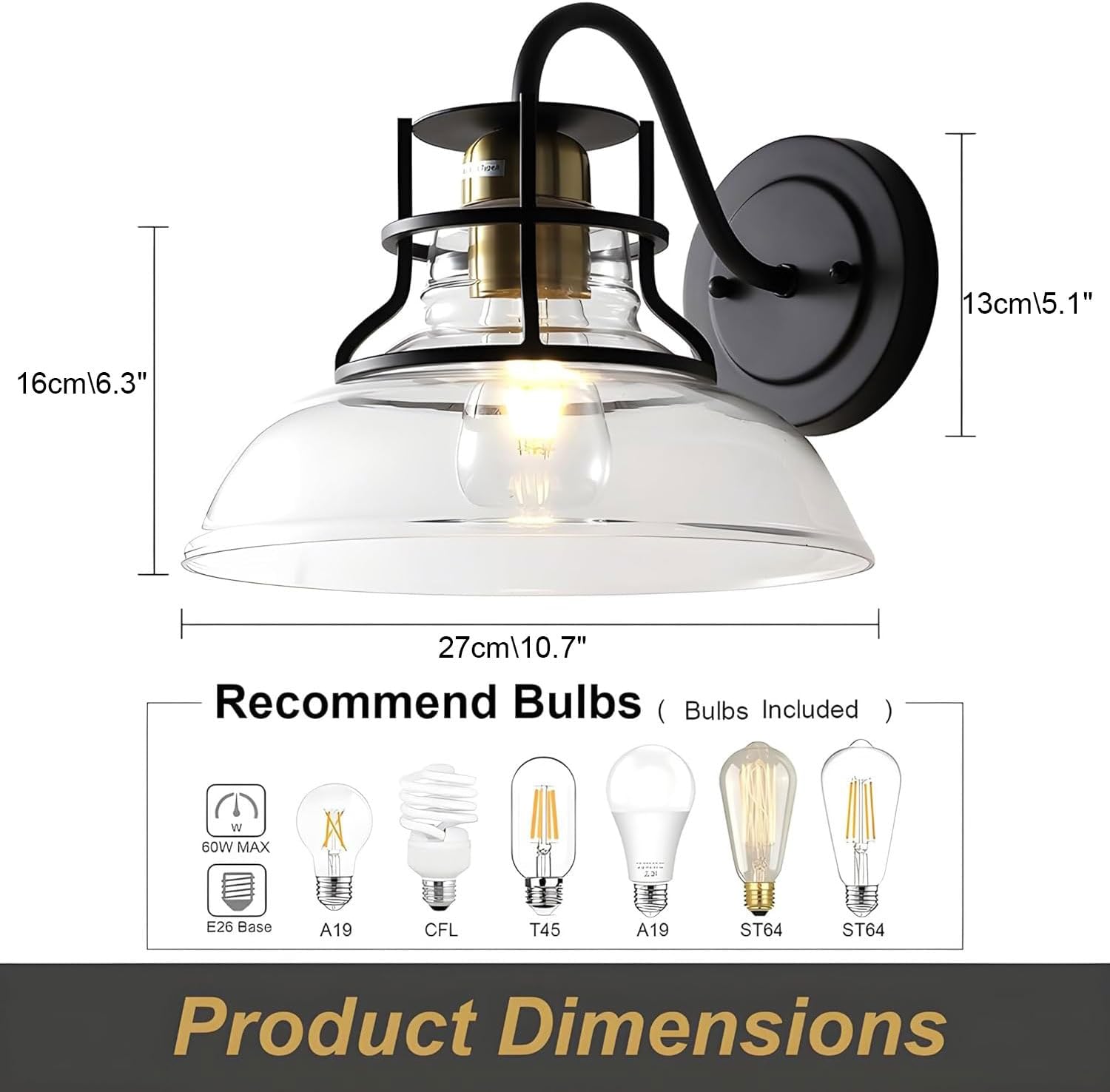 Farmhouse Wall Sconces,Gooseneck Barn Light,Gold and Black Wall Sconce,Vintage Wall Lamp with Clear Glass Shade,for Bathroom Porch Kitchen Living Room (1 Pack)