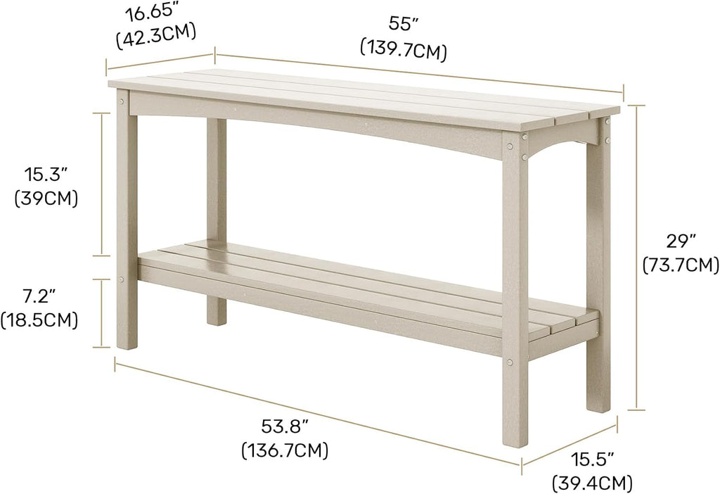 Costaelm Adirondack Outdoor Side Table, 55' HDPE Small Outside Table with Storage Shelf, Weather Resistant Outdoor Plant Shelf, Porch Table and Outdoor Table for Pool & Yard, Sand