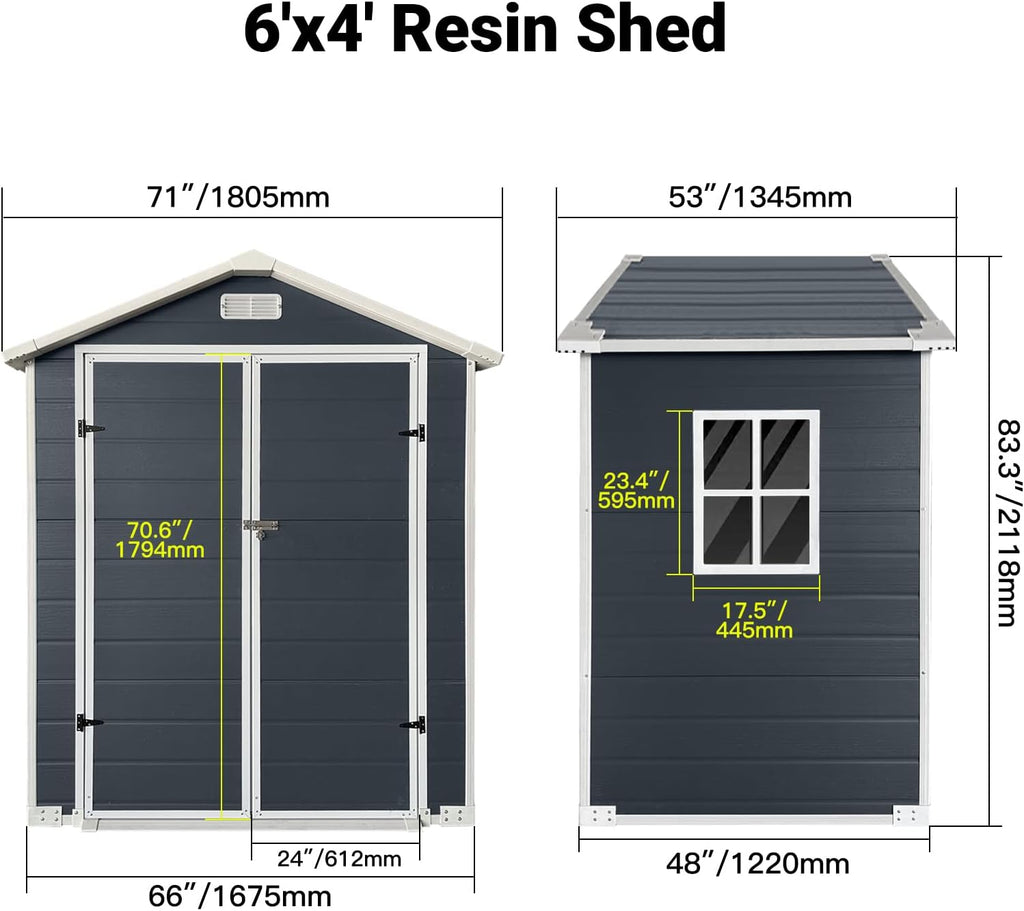 YOPTO 6x4 FT Storage Shed,Plastic Outdoor Storage Shed with Floor and Lockable Door,Waterproof Garden Shed W/Windows & Vents,Sloped Roof,Tool House for Storing Bicycles,Lawnmowers,Cold Grey