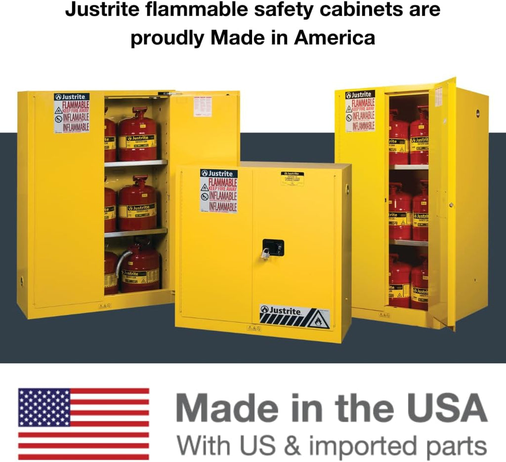 Justrite 90 Gallon Manual Close Flammable Storage Cabinet, 18 Gauge Steel, 2 Shelves, 2 Door Fire Cabinet, 65' x 43' x 34', Made in The USA, Yellow, 899000