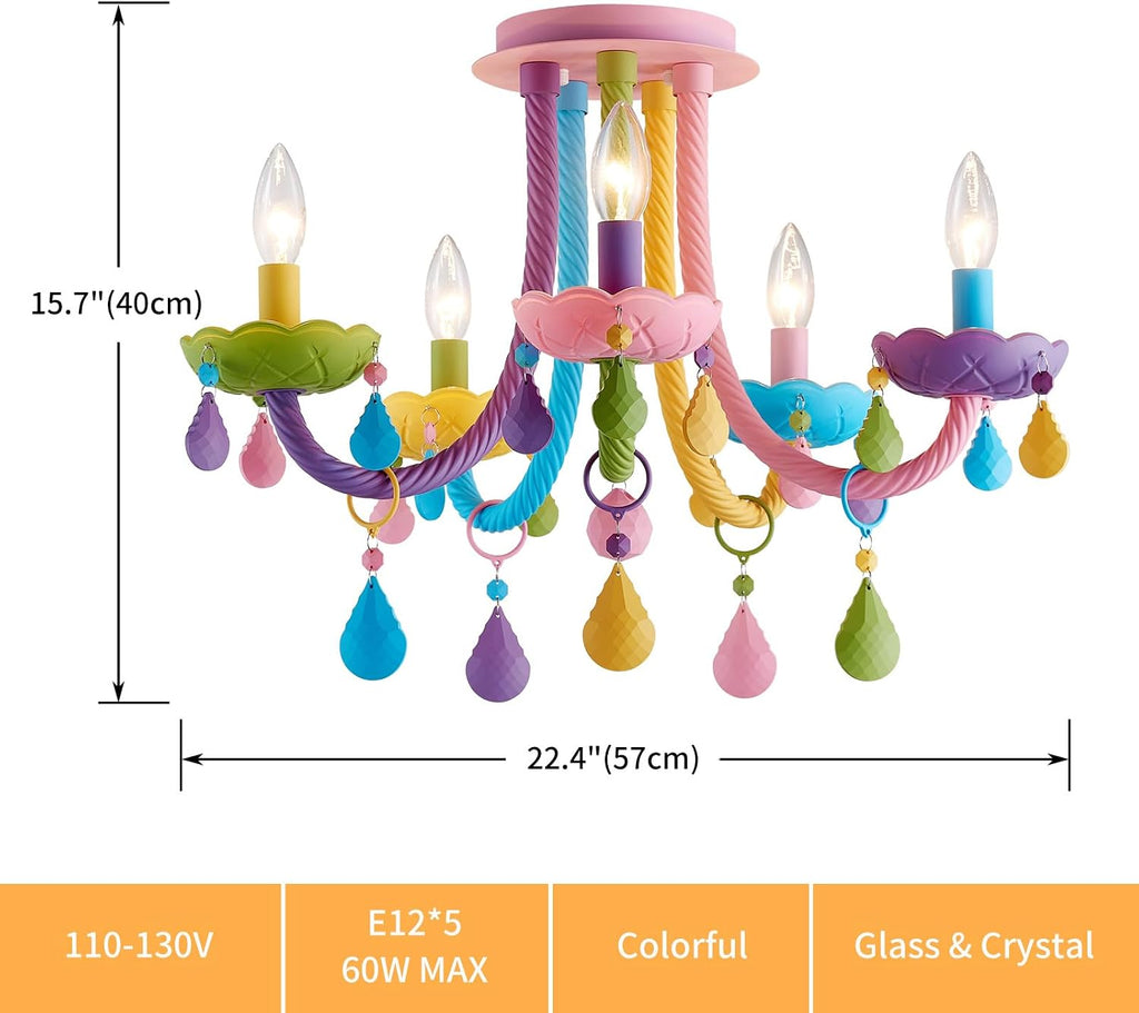 5-Light Children Candle Chandeliers, Modern Candy Design Flush Mount Close to Ceiling Light for Bedroom, Dining Room, Kitchen, Bathroom, D22 × H16 inch, Macaron Colorful Finish & K9 Crystal