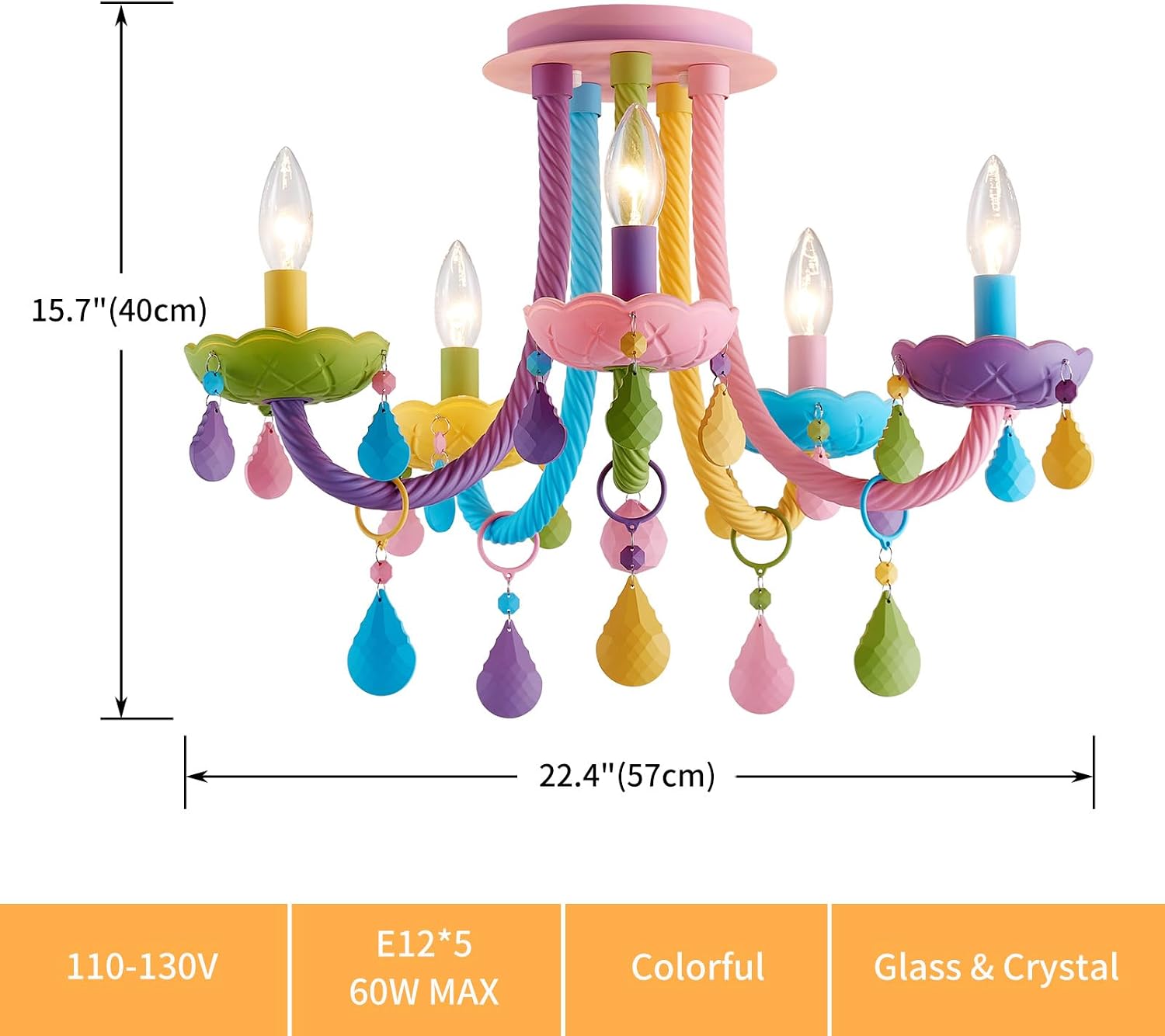 5-Light Children Candle Chandeliers, Modern Candy Design Flush Mount Close to Ceiling Light for Bedroom, Dining Room, Kitchen, Bathroom, D22 × H16 inch, Macaron Colorful Finish & K9 Crystal