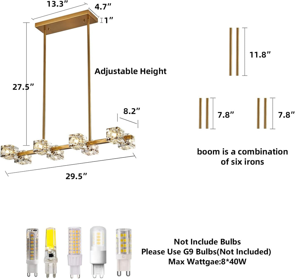Dining Room Light Fixture,Gold Modern Crystal Chandelier Rectangular Pendant Light with 8 Light Farmhouse Chandeliers for Kitchen Island Dining Room Living Room Bedroom