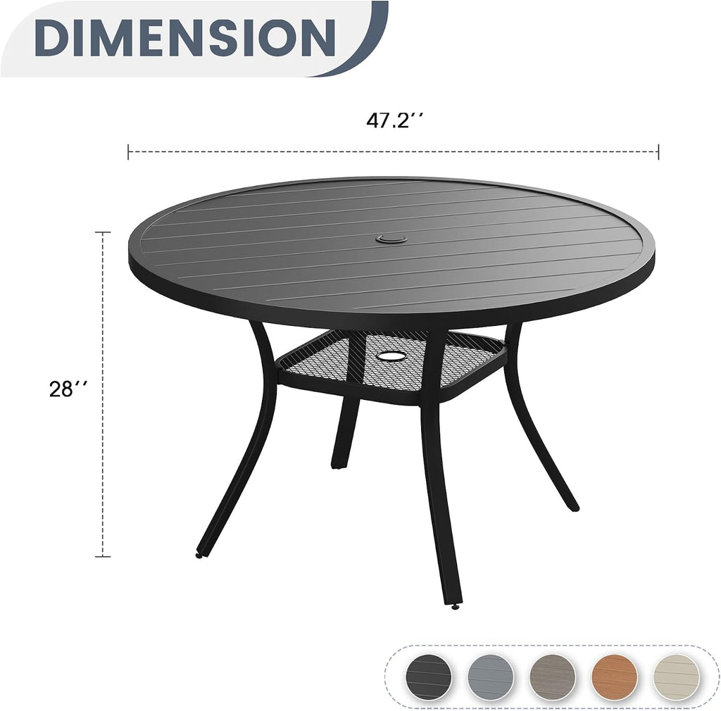 VICLLAX Round Patio Dining Table for 4-6, Outdoor Metal Dining Table with Umbrella Hole for Deck Lawn Garden Backyard, 47.2' Black