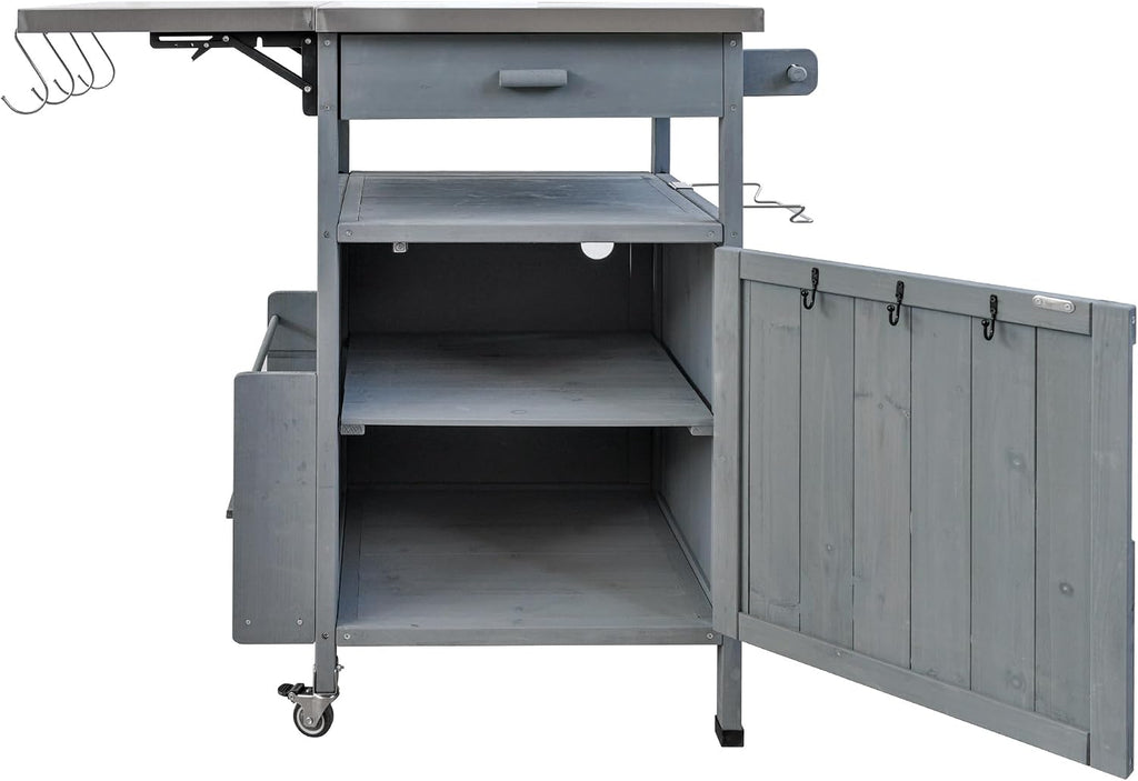 40.5' Outdoor Grill Cart with Stainless Steel Top, Solid Wood Outdoor Storage Cabinet with Drop Leaf, One Drawer, Towel Rack, Rolling Kitchen Cart with Lockable Wheels for Lawn Garden, Blue