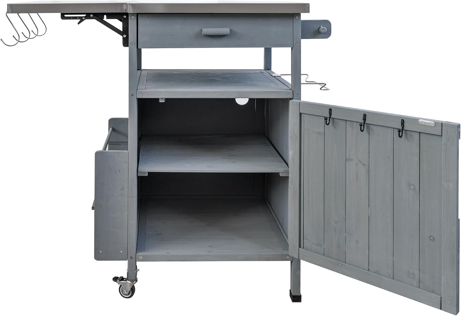 40.5' Outdoor Grill Cart with Stainless Steel Top, Solid Wood Outdoor Storage Cabinet with Drop Leaf, One Drawer, Towel Rack, Rolling Kitchen Cart with Lockable Wheels for Lawn Garden, Blue