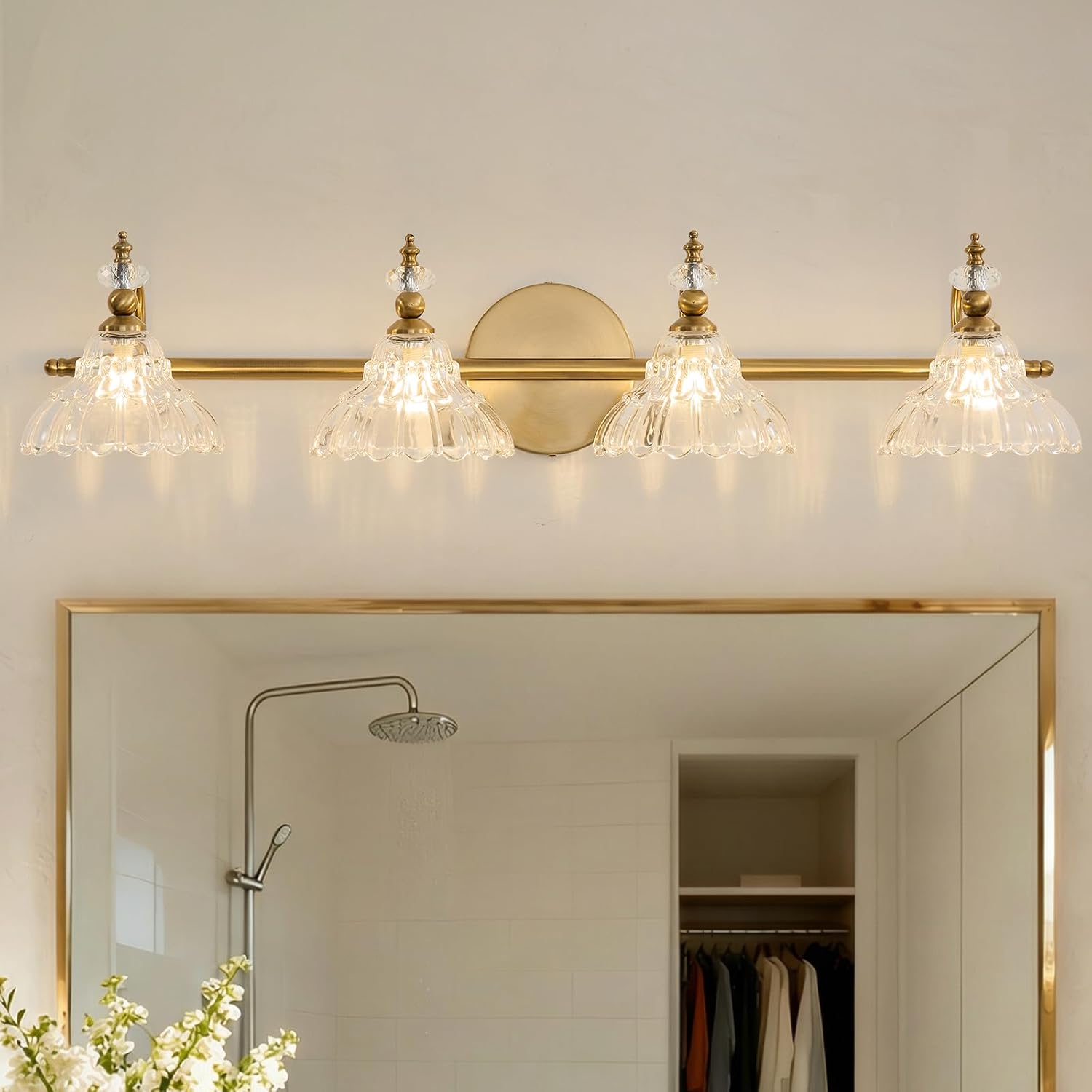 LOUSACE 4-Light Gold Vintage Bathroom Vanity Lights, Antique Brass Bathroom Lighting Fixture Over Mirror with Crystal Glass Shade, Retro Brass Vanity Lighting Fixtures Wall Sconce for Bathroom Bedroom