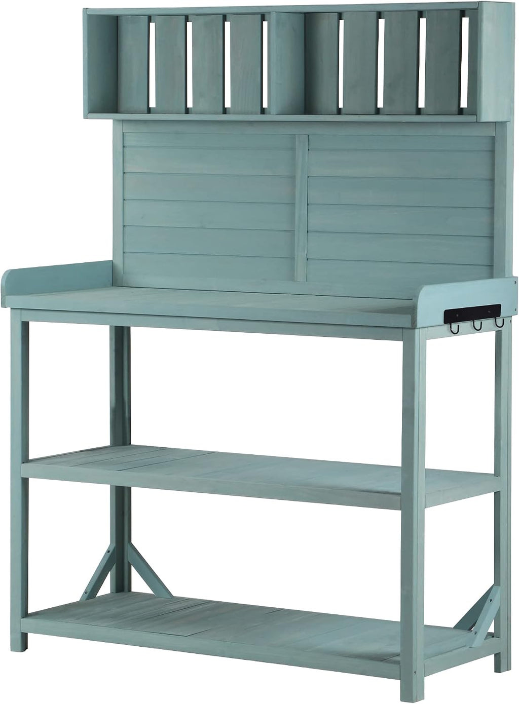 JIVOIT Farmhouse Rustic Outdoor Potting Bench Table, 65' Large Wooden Garden Potting Bench with 4 Storage Shelves and Side Hook, Spacious Patio Workstation