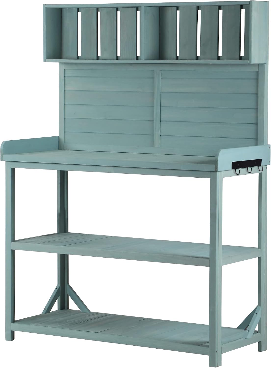 JIVOIT Farmhouse Rustic Outdoor Potting Bench Table, 65' Large Wooden Garden Potting Bench with 4 Storage Shelves and Side Hook, Spacious Patio Workstation