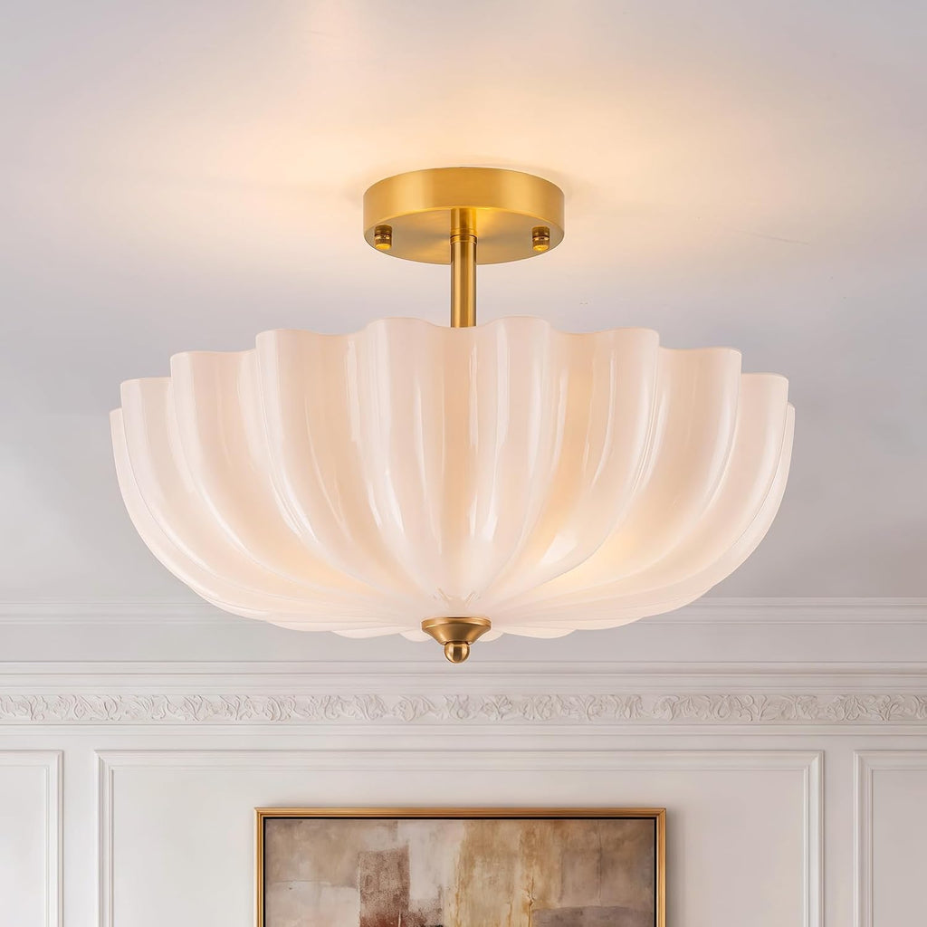 Gold Semi Flush Mount Ceiling Light, 15.7'' Milk Glass Light Fixture, 3-Light Modern Brushed Brass Ceiling Light Fixture for Hallway Entryway Foyer Living Room, E26