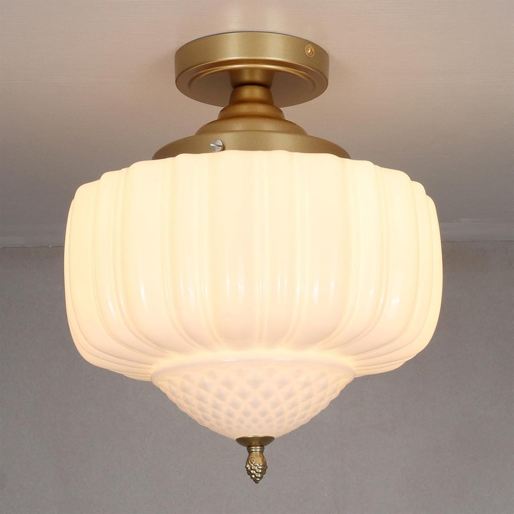 CLAXY Gold Kitchen Ceiling Light Ribbed Milk Glass Ceiling Light Fixture | Modern Semi-flush Mount Schoolhouse Ceiling Light E26 Dimmable Indoor Light for Bathroom Hallway Bedroom Closet Garage