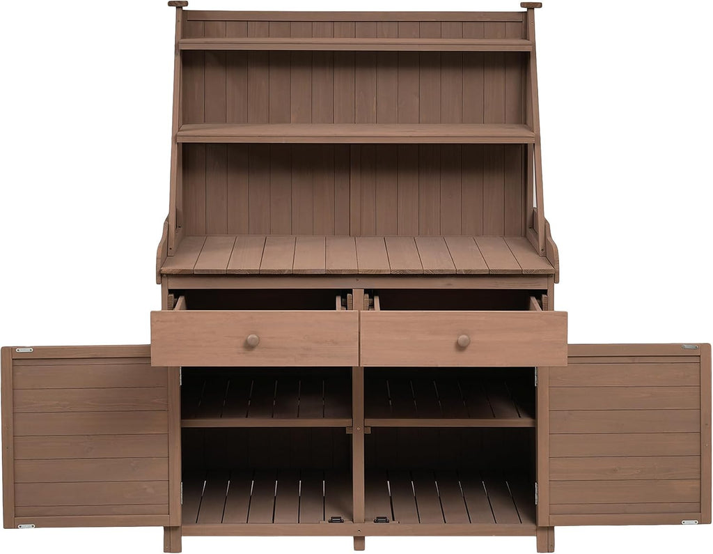 JIVOIT Modern 65inch Garden Potting Bench Table, Fir Wood Workstation with Three-Tier Storage Shelf, Two Drawer and Cabinet, Large Gardening Workstation for Outdoor Space (Brown * Fir Wood)