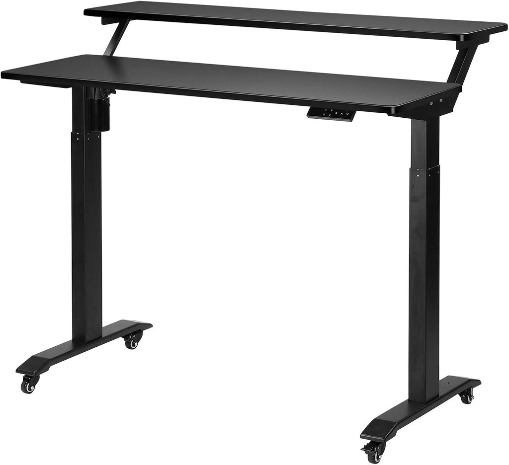 UNICOO Electric Height Adjustable 2-Tier Raising Desk with Wheels, Mobile Standing Desk with Monitor Stand, Ergonomic Adjustable Computer Table, Electric Standing Game Table for Home Office