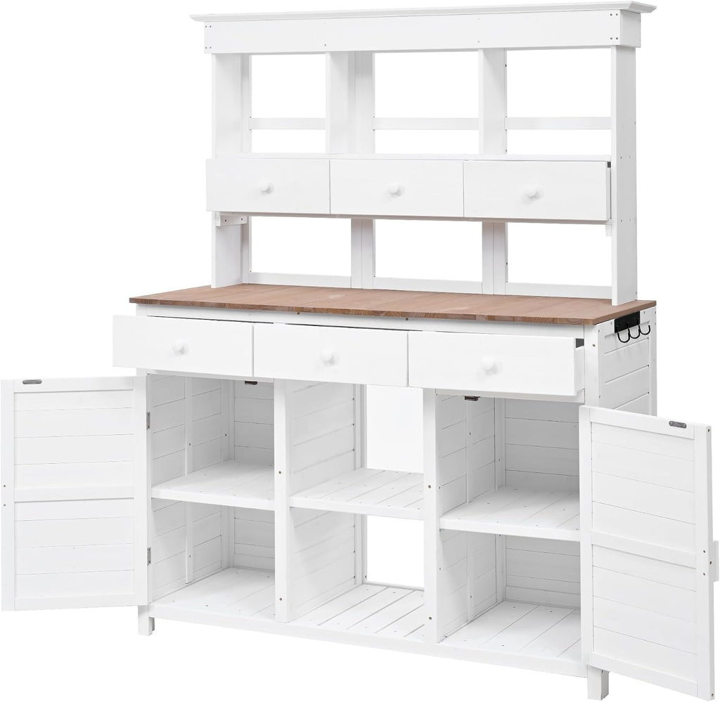 JIVOIT Outdoor Wood Workstation Table, 65.7'' H Tall Garden Potting Bench Table with Hutch, 3 Shelves, 6 Drawers, 2 Bottom Cabinets & Side Hooks, Patio Storage Workstation for Mudroom, Doorway