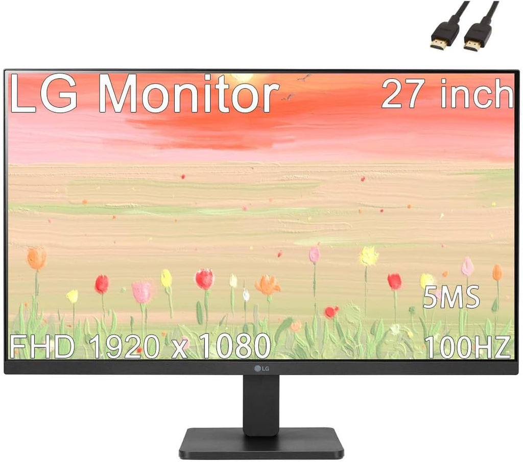 LG 27 inch Monitor, FHD IPS Display, AMD FreeSync Premium, 100Hz, 5ms, 3-Side Virtually Borderless Design, HDMI, Black, with HDMI Cable