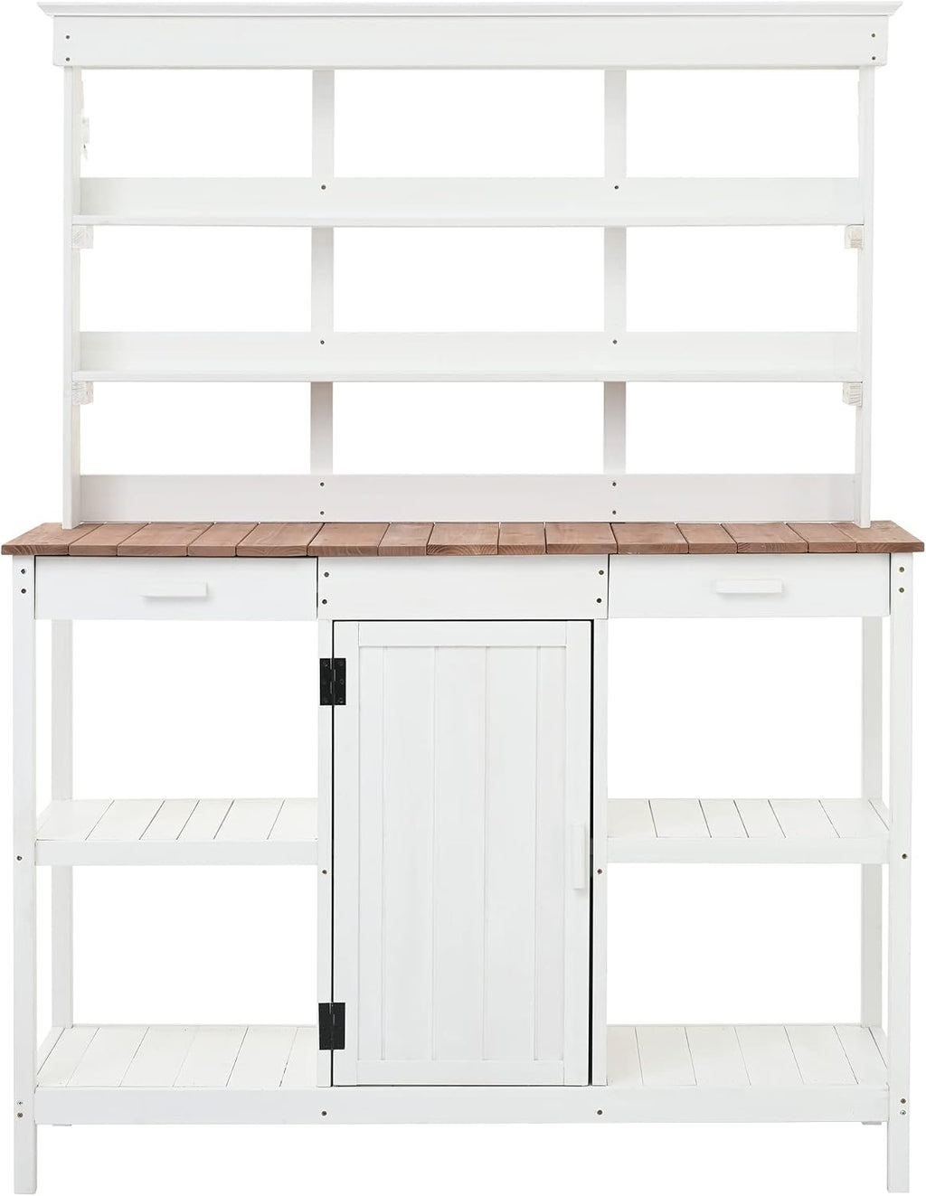 66' Large Outdoor Farmhouse Wooden Potting Bench Table, Garden Workstation with 2 Drawers, Cabinet and Open Shelves for Backyard, Mudroom, White