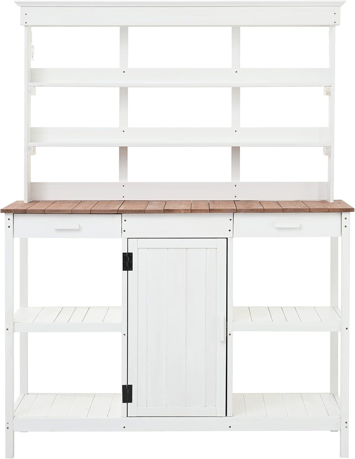 66' Large Outdoor Farmhouse Wooden Potting Bench Table, Garden Workstation with 2 Drawers, Cabinet and Open Shelves for Backyard, Mudroom, White