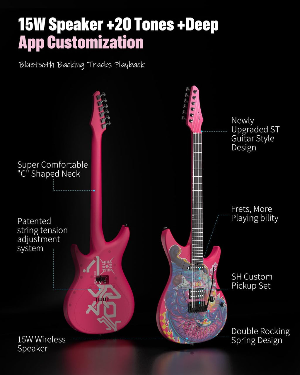 Enya Inspire 39' Smart Electric Guitar - Carbon Fiber Body with Built-in 15W Speaker, 20 Tones & App Control, 4 Presets, Bluetooth, Gig Bag Included, 2-Year Warranty