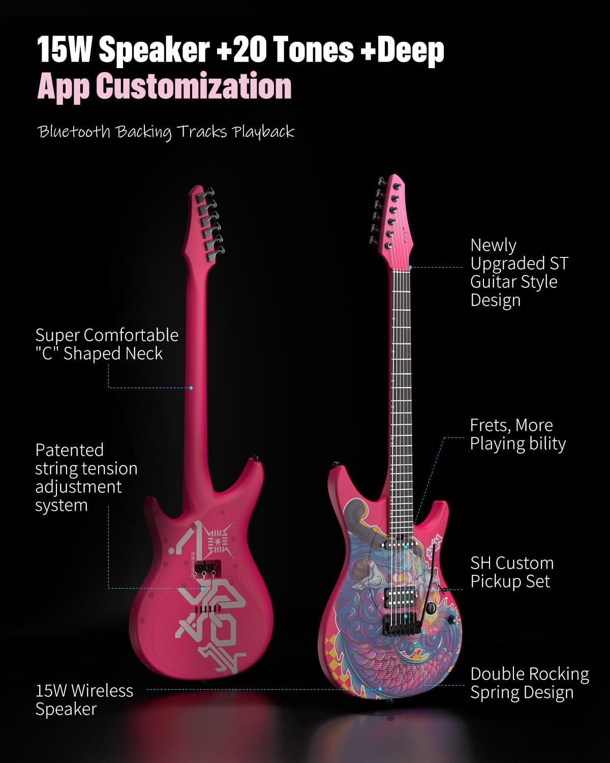 Enya Inspire 39' Smart Electric Guitar - Carbon Fiber Body with Built-in 15W Speaker, 20 Tones & App Control, 4 Presets, Bluetooth, Gig Bag Included, 2-Year Warranty